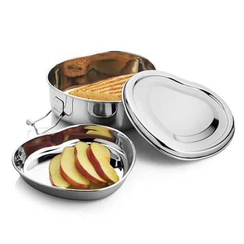 JVL Stainless Steel Lunch Box for Kids, Single Tier Tiffin Box with Inner Plate, Food Grade Steel, Leak Proof & Durable, Ideal for School, Office & Travel (Heart Shape, Small)