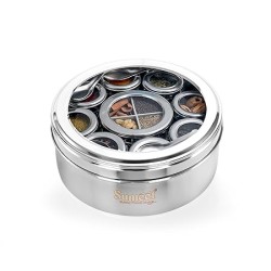 Sumeet 12 in 1 Stainless Steel Airtight Masala Box/Organiser/Masala Dani for Kitchen with Middle Container Partition |12 Containers with Individual with See through Lid & 4 Spoon (22.8 cms), Silver