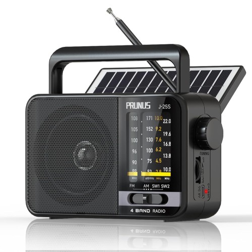 PRUNUS J-25S Portable MW AM SW Radio FM for Home Retro Nostalgic 1800mah Rechargeable Battery Solar Panel Charging New Model Long Antenna DSP Chip Good Reception Tuning Knob USB-C Charge with Handle