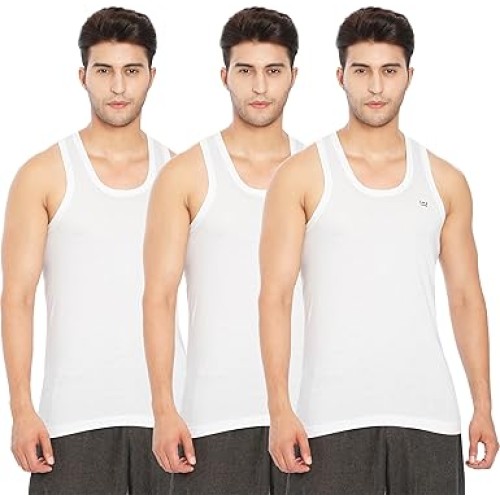 Lux Cozi 100% Cotton Men Sleeveless Round Neck Vest - Modern White Baniyan for Men, Pack of 3