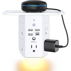Mifaso 3-Sided Multi Plug Power Strip, Wall Extender with Shelf, Night Light & Surge Protector, USB Wall Charger with 5 AC Wide Space Outlets and 3 USB & 1 C Port, White