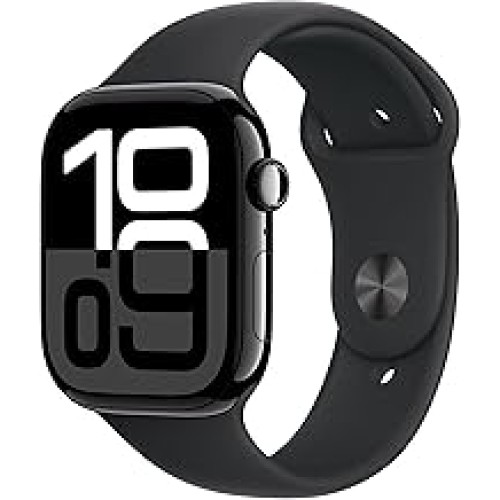 Apple Watch Series 10 [GPS 46mm case] Smartwatch with Jet Black Aluminum Case with Black Sport Band - M/L. Fitness Tracker, ECG App, Always-On Retina Display, Water Resistant