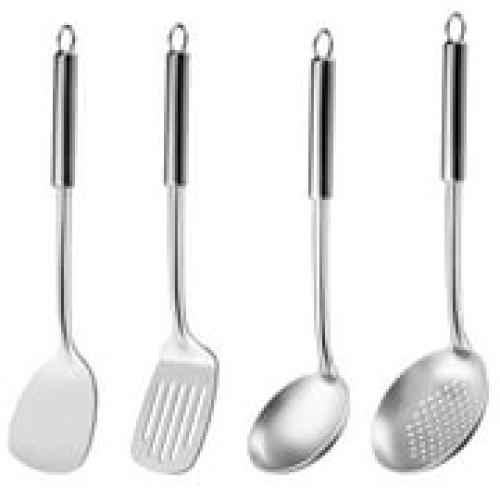 Mirdinner 4 Pcs Cooking Utensils Set, 304 Stainless Steel Kitchen Utensils, Include Wok Ladle, Slotted Spoon, Wok Spatula and Slotted Spatula, Dishwasher Safe