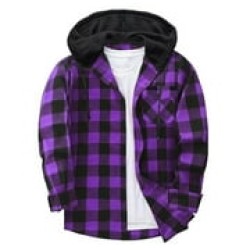SYMOID Men's Hooded Plaid Button-Up Shirt - Size S, Purple | Chest Pocket | Ideal for Fall/Winter Casual & Daily Layering