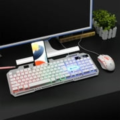 Gaming Keyboard and Mouse Combo, Wired 104 Key Mechanical Feeling, Backlit with Phone Holder, Metal Panel, Ergonomic, White - for Gaming/Office/Home