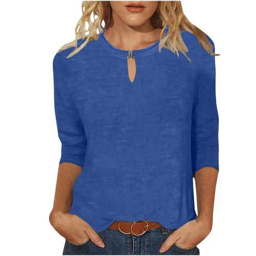 MaFYtyTPR Women 3/4 Sleeves Casual Shirts Pullover Loose Tunic Tops Blouse 2025 Hot Blouses&Shirts Dark Blue XL