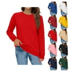 Sweatshirts for Women Fashion Crewneck Long Sleeve Solid Thin Fleece Pullover Loose Casual Cozy Warm Fall Winter Tops Red S