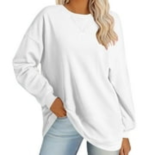 MaFYtyTPR Women's Fashiable Loose Fitting Casual Color Blocking Round Neck Lg Sleeved Top 2024 Popular New Tops White L