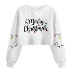 Guzom Womens White Christmas Crop Top Sweatshirt - Merry Christmas Light Print, Long Sleeve Crew Neck, 100% Polyester, S-XL,Size S