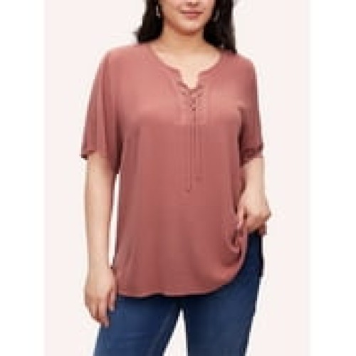 Sewify 2025 Summer Women's Plus Size Tops Short Sleeve Eyelet Cross Rope Hollow V-Neck Elegant Blouses,1X/2X/3X/4X
