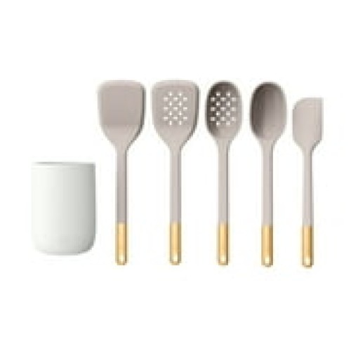 Beautiful 6-Piece Silicone Tool Set with Ceramic Crock, Porcini Taupe by Drew Barrymore