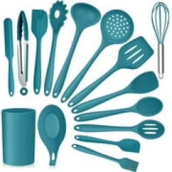 Vesteel 15-Piece Kitchen Utensils Set, Silicone Cooking Utensils with Holder, Non-stick Cookware Friendly & Heat Resistant - Teal Blue