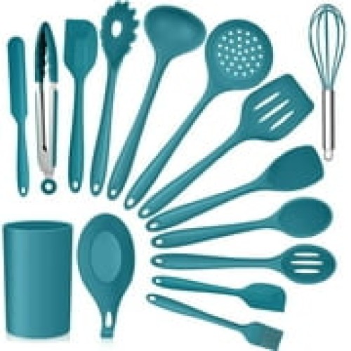 Vesteel 15-Piece Kitchen Utensils Set, Silicone Cooking Utensils with Holder, Non-stick Cookware Friendly & Heat Resistant - Teal Blue