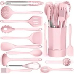 Silicone Cooking Utensils Set - Heat Resistant Kitchen Utensils BPA FREE,Turner Tongs,Spatula,Spoon,Brush,Whisk,Kitchen Utensil Gadgets Tools Set for Nonstick Cookware,Dishwasher Safe (Pink)