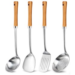 Mirdinner 4 Pcs Cooking Utensils Set, Stainless Steel Kitchen Utensils with Wooden Handle, Kitchen Essentials Set Include Wok Ladle, Slotted Spoon, Wok Spatula and Slotted Spatula, Dishwasher Safe