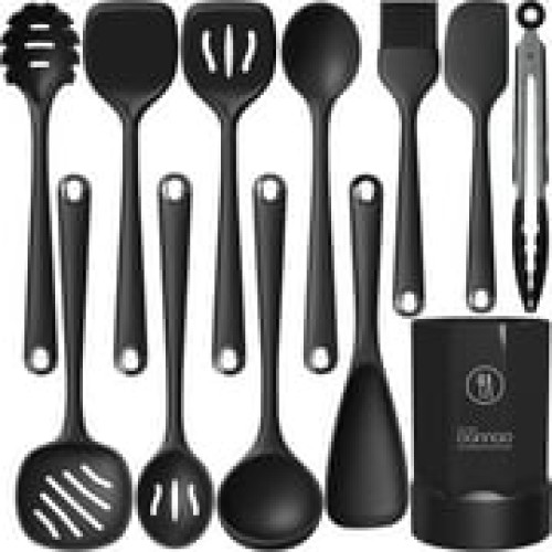 Silicone Kitchen Utensils Set, 600°F Heat Resistant Silicone Cooking Utensils, Spatula, Spoon, Whisk, Tongs, Kitchen Gadgets Tools Sets for Nonstick Cookware, Dishwasher Safe BPA Free  (Black)