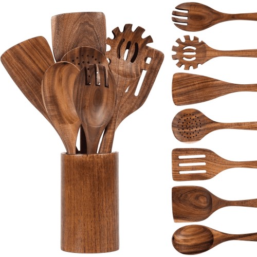 VAVSEA Thick Wooden Spoons for Cooking, 8 Pcs Natural Wooden Utensil for Cooking with Non-Stick, Heat Resistant, Wood Kitchen Utensil Set