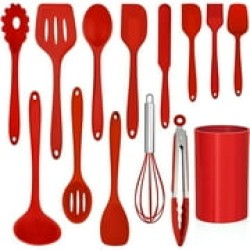 Walchoice 14 Pcs Cooking Utensils Set with Holder, Heat Resistant Silicone Kitchen Cookware Utensils Set, Kitchen Cooking Tools Includes Spatula Spoon Turner Whisk Tong, Dishwasher safe, Red
