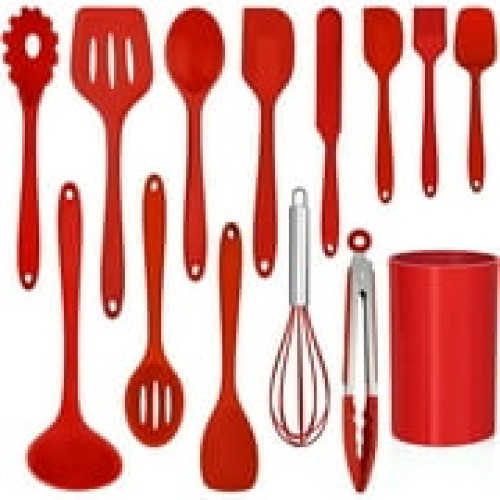 Walchoice 14 Pcs Cooking Utensils Set with Holder, Heat Resistant Silicone Kitchen Cookware Utensils Set, Kitchen Cooking Tools Includes Spatula Spoon Turner Whisk Tong, Dishwasher safe, Red