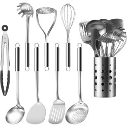 Mirdinner Cooking Utensils Set, 9 Pcs Stainless Steel Kitchen Utensils Set, Kitchen Tools Set, Spatula Sets w Utensil Holder, Wok Spatula,Ladle,Egg Whisk,Non-Stick And Heat Resistant, Dishwasher Safe