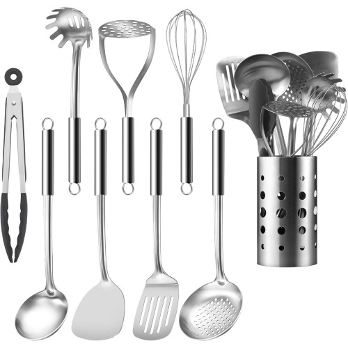 Mirdinner Cooking Utensils Set, 9 Pcs Stainless Steel Kitchen Utensils Set, Kitchen Tools Set, Spatula Sets w Utensil Holder, Wok Spatula,Ladle,Egg Whisk,Non-Stick And Heat Resistant, Dishwasher Safe