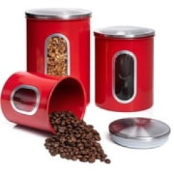 Mixpresso 3 Piece Red Canisters Sets For The Kitchen, Kitchen Jars With See Through Window, Airtight Coffee Container Tea Organizer & Sugar Canister, Kitchen Canisters Set of 3 Red Kitchen Decor.