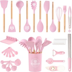 Astercook Silicone Cooking Utensils Set, 38 PCS Kitchen Utensils Set for 446F Heat Resistant, Food Grade Utensil Sets with Wooden Handle, Kitchen Gadgets for Nonstick Cookware BPA Free (Pink)