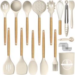 GPED 29 Pcs Silicone Kitchen Utensil Set, Cooking Utensils Set with Wooden Handle, Food Grade Silicone Spatula Set, BPA-Free, 446F Heat Resistant Kitchen Gadgets Tools Set, White