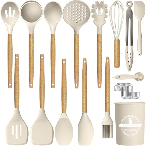 GPED 29 Pcs Silicone Kitchen Utensil Set, Cooking Utensils Set with Wooden Handle, Food Grade Silicone Spatula Set, BPA-Free, 446F Heat Resistant Kitchen Gadgets Tools Set, White