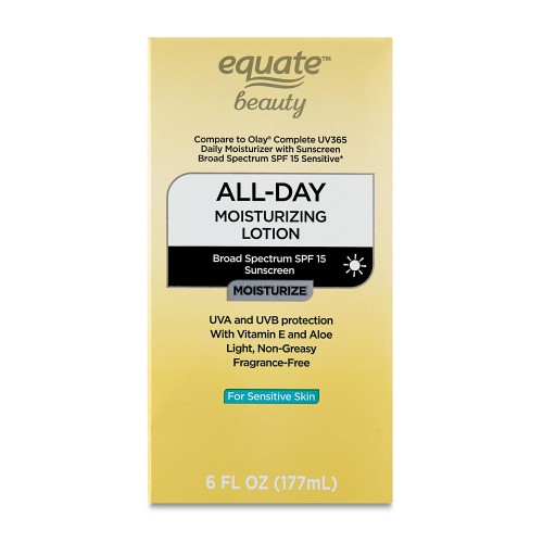 Equate Beauty All-Day Moisturizing Lotion for Sensitive Skin, SPF15 6 fl oz, Compare to Olay Complete UV365 Daily Moisturizer with Broad Spectrum Sunscreen SPF 15 Sensitive
