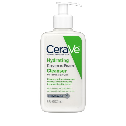 CeraVe Hydrating Cream-to-Foam Facial Cleanser with Hyaluronic Acid for Normal to Dry Skin, 8 fl oz